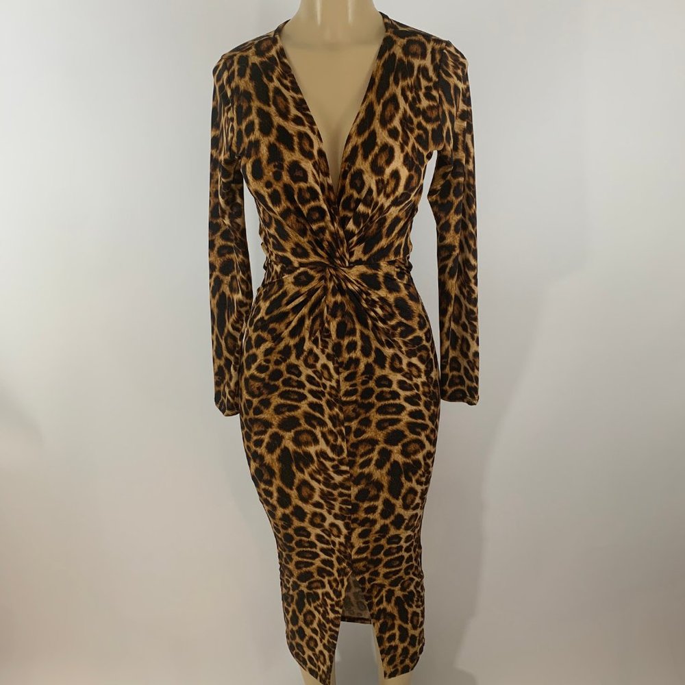 Cheetah Print Midi Dress Deep V-Neck - Just Pretty LLC - Picture 6 of 6